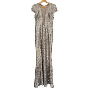 Dress the Population Sequin Long Gown Silver Deep V Formal Evening Dress Large